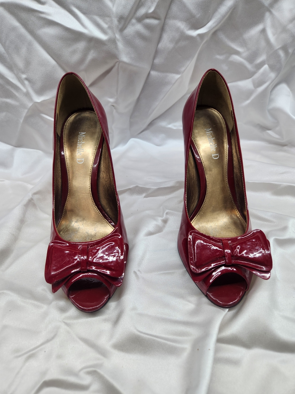 Michelle D Red Patent Peep-Toe Pumps with Bow